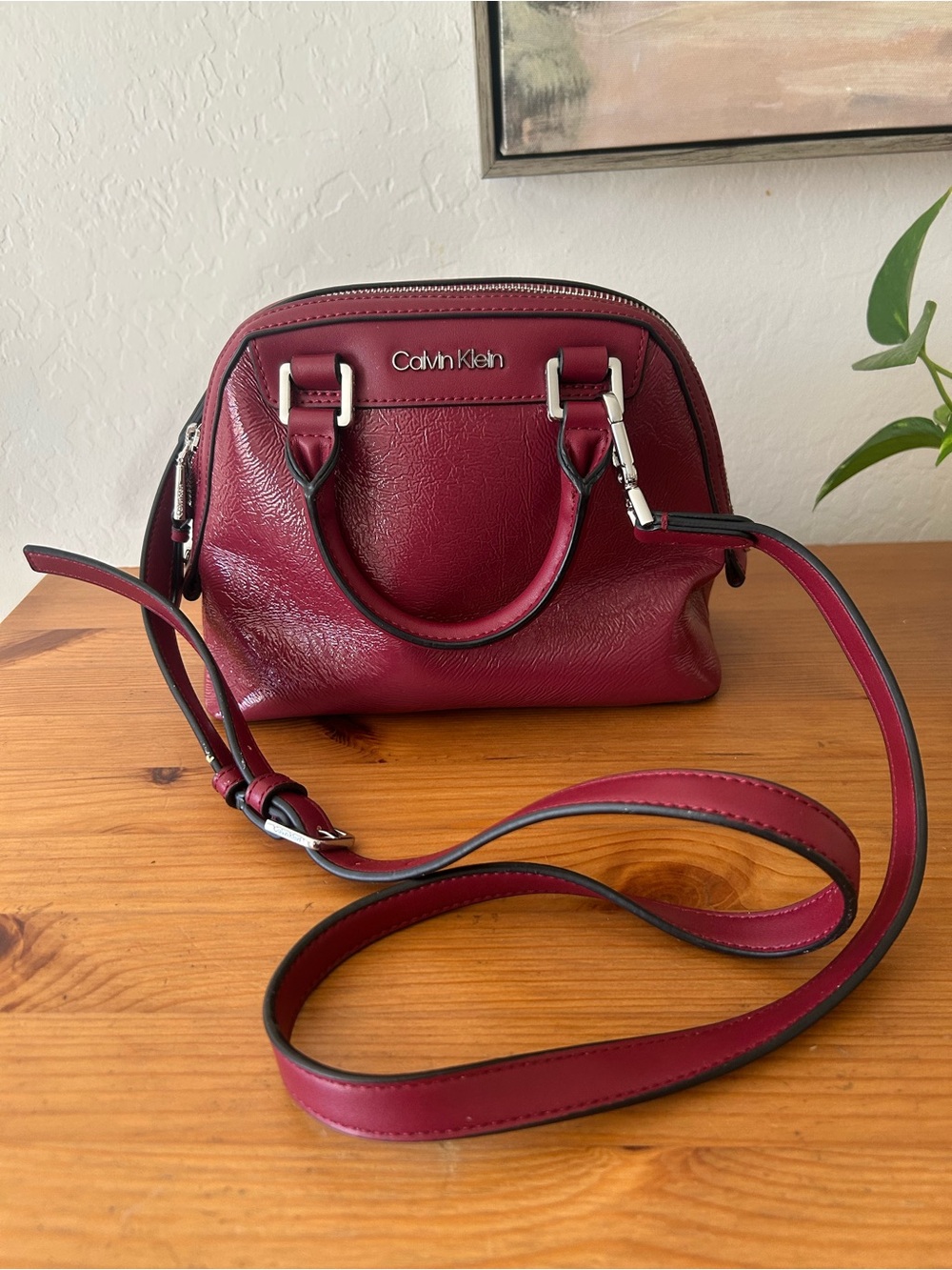 Calvin Klein Burgundy Leather Mini Crossbody Satchel
